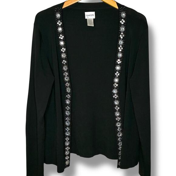 Chico's Black Open Front Cardigan Women's Sz 1 (Medium) Embellished Long Sleeve - Picture 2 of 7